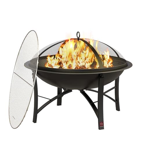 Fire Beauty Fire Pit for Outside Wood Burning,BBQ Grill Steel Fire Bowl with Cooking Grate,Spark Screen Cover,Log Grate,Poker for Camping Beach Bonfire Picnic Backyard Garden