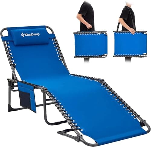 KingCamp Lounge Chair Outdoor, Folding Tanning Chairs Comfy Adjustable 5-Position Lay Flat Foldable Chaise Chaser Lounger with Pillow for Outside Beach Patio Sun Bathing Pool Backyard, Blue