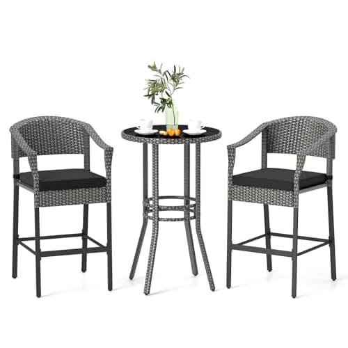 Tangkula 3-Piece Patio Rattan Bar Set, Wicker Bar Height Armchairs & Round Table w/Tempered Glass Top, Cushioned High Top Bistro Furniture with Footrest, for Backyard, Poolside, Porch (Mix Gray)