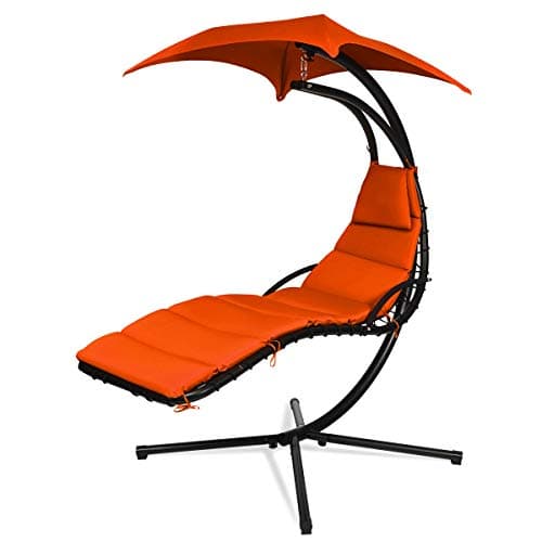 S AFSTAR Hanging Chaise Lounger with Removable Canopy, Outdoor Swing Chair with Built-in Pillow, Hanging Curved Chaise Lounge Chair Swing for Patio Porch Poolside, Hammock Chair with Stand (Orange)