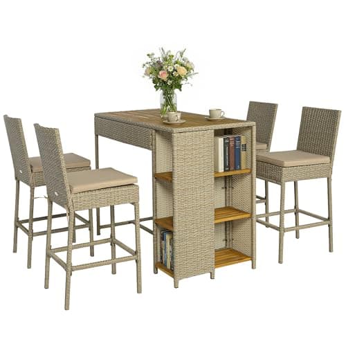 Outsunny 5 Piece Outdoor Bar Set, Wicker Outdoor High Top Table and Chairs, 3 Tier Shelves, Acacia Wood Bar Height Patio Set, 4 Barstools with Cushions, Back, Footrest for Garden, Backyard, Brown