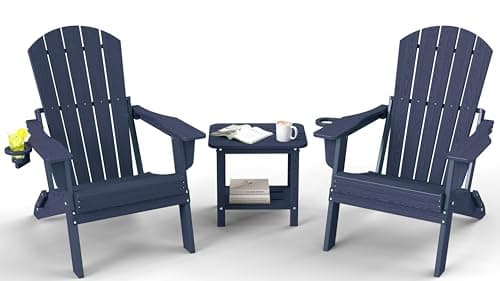 EcoVida Outdoors Folding Adirondack Chair Set 3-Piece - 38" Extra Tall Back & Embossed Wood Grain, Oversized HDPE Patio Furniture with Side Table & Cup Holders, 380lb Heavy Duty, Navy Blue