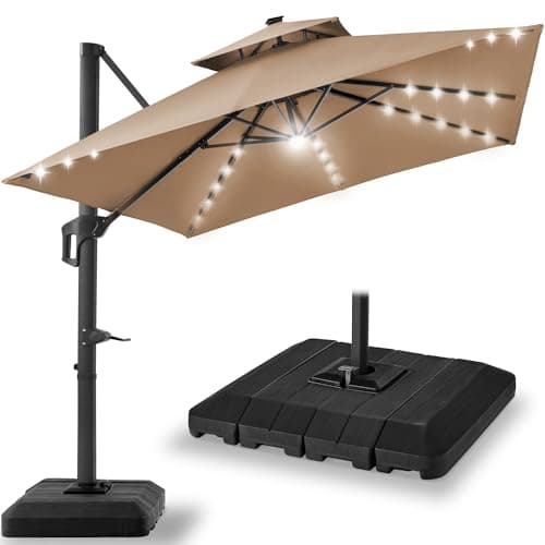 Best Choice Products 10x10ft Cantilever Patio Umbrella w/Base Included, Solar LED Lights 360 Rotation Large Offset Hanging Outdoor Shade for Deck Pool Backyard w/Stand – Tan