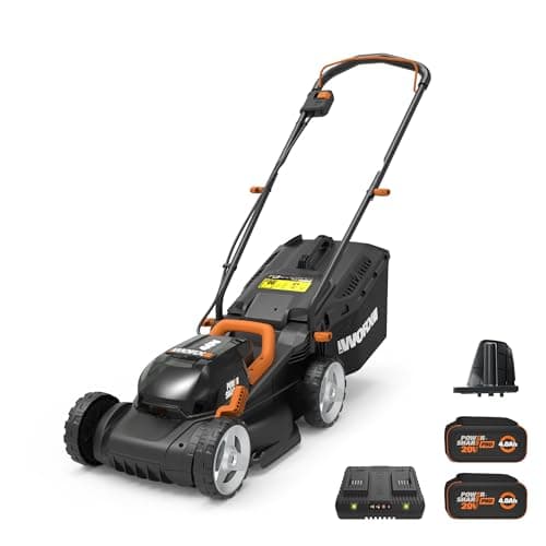 WORX 14" Cordless Lawn Mower, 2 in 1 Electric Mower Cuts Quietly, Compact & Lightweight Push Lawn Mower with 6-Position Height Adjustment for Small Yards, 2 Batteries & Charger Included, WG779