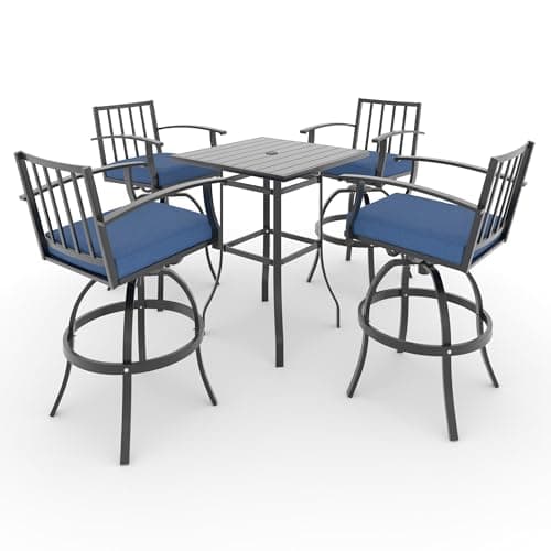 RTDTD 5 Pieces Outdoor Swivel Bar Stools Set,All Weather Metal Patio Bar Table and Chairs Set,Outdoor High Top Bistro Set Bar Height Table with 4 Chairs for Deck Lawn Garden,Navy Blue
