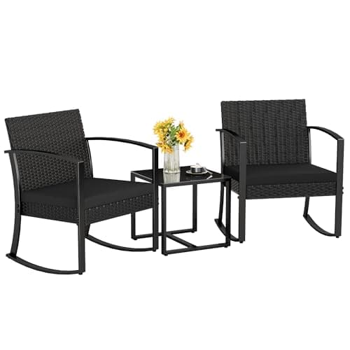 Homall Patio Furniture Set 3 Piece Resin Outdoor Bistro Set Rocking Patio Chairs with Cushions and Table for Porch, Poolside, Balcony and Yard (Black)