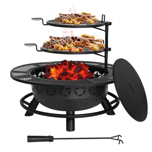 Hykolity 35 Inch Fire Pit with 2 Cooking Grate & Charcoal Pan, Outdoor Wood Burning BBQ Grill Firepit Bowl with Cover Lid, Steel Round Table for Backyard Bonfire Patio Picnic