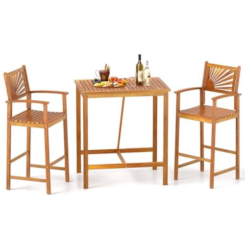Tangkula 3 Piece Patio Bar Table & Chairs, Outdoor Acacia Wood Bar Set w/Slatted Seat & Tabletop, Wood Dining Bar Set w/Backrest, Armrests & Footrest for Backyard, Poolside, Balcony