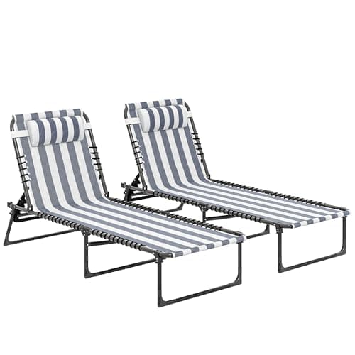 Outsunny Folding Chaise Lounge Chair Set of 2, Patio Sun Tanning Chair, Outdoor Chaise Lounger with 4-Position Reclining Back, Breathable Mesh Seat for Beach, Poolside, Yard, Blue and White