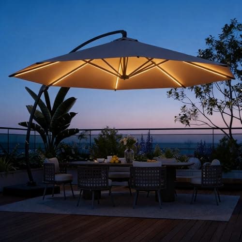 Aoxun 11 FT Cantilever Umbrella with led Light, Patio Large Aluminum Offset Umbrella Windproof with 360°Rotation, Heavy Duty Frame for Outdoor, Pool, Deck and Garden