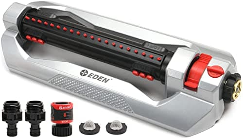Eden 96216 Heavy Duty Turbo Oscillating Sprinkler, Covers Up to 4,900 sq. ft., 20 Precision Nozzles, Aluminum Base, Flow and Width Control, Adjustable Range, Quick Connects, Filters