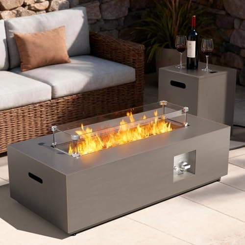 2-Piece 42" Rectangular Propane Fire Pit for Outside Patio with Hidden Tank Table, 50,000 BTU Fireplaces with Glass Wind Guard, Lid, Glass Rocks, Cover(Sand Beige)