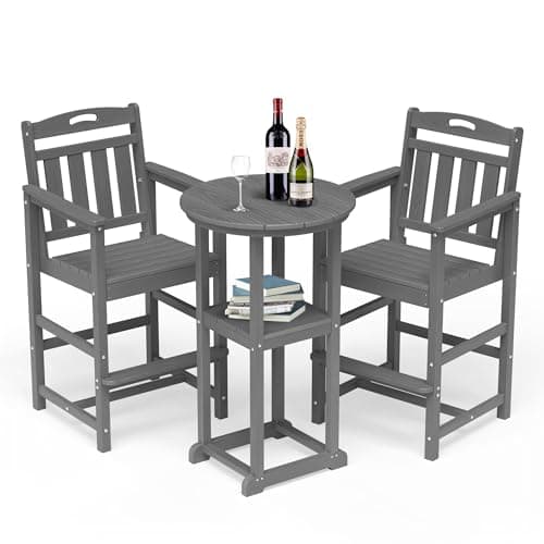 SUUNYN Outdoor Bistro Bar Set, Patio High Top Table and Bar Height Tall Adirondack Chairs Set of 2, All-Weather HDPE Round Pub Furniture for Outside Balcony Backyard Pool Deck | 3-Pieces, Grey