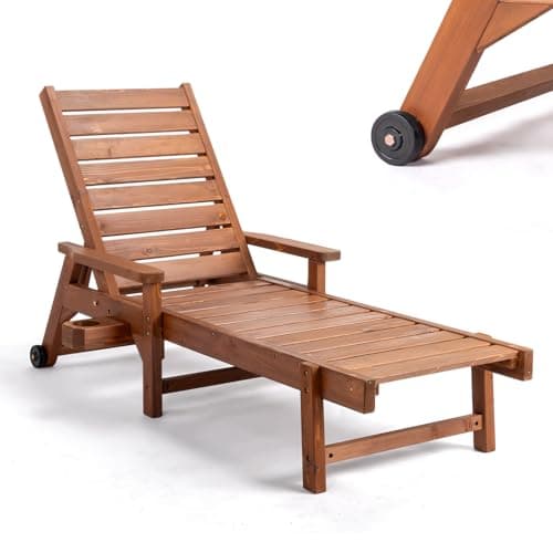 VINGLI Outdoor Chaise Lounge Chair, Wooden Patio Lounger Chair with Adjustable Backrest, Pool Chaise Lounge with Cup Holder & Wheels for Sunbathing Poolside Beach, Brown