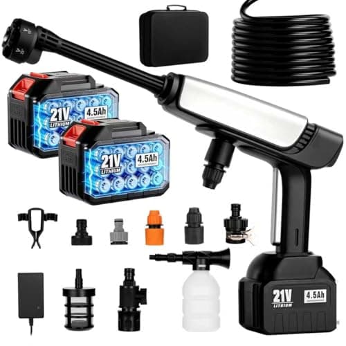 Cordless Pressure Washer Battery Powered,Portable Power Washer with 2pcs 4.5Ah 21V Battery&Charger & 6-in-1 Nozzle,2 Power Level & on/off Button,Handheld Pressure Washer for Car,Home,Garden Patio (5m)