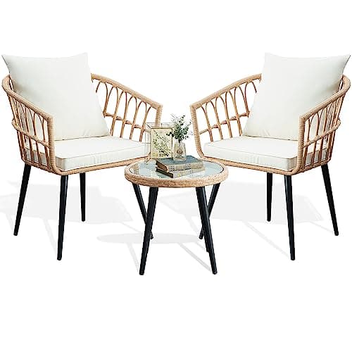 PORWEY 3 Piece Patio Bistro Set, Outdoor Wicker Apartment Balcony Furniture Sets, Beige