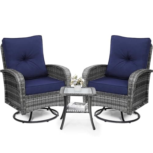 wildformers Luxury Outdoor Swivel Wicker Glider Patio Chairs with Table Set, Overstuffed Washable Cushions, Ideal for Porch, Balcony, Deck, Grey Rattan and Blue Cushion