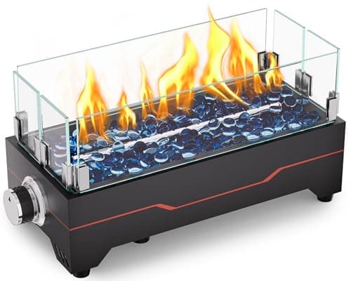 GRISUN Tabletop Fire Pit,15 Inch Propane Fire Pit Table,30000 BTU Table Top Firepit with Glass Wind Guard,Stainless Steel Burner,Fire Glass,Portable Propane fire Pit for Patio, Camping, Backyard & RV