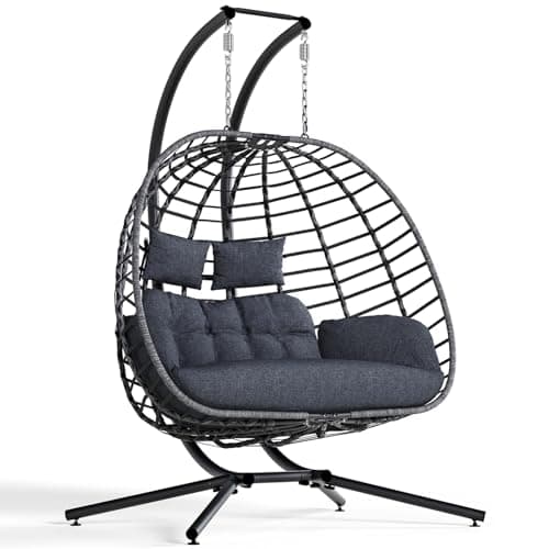 SWITTE Double Egg Swing Chair with Stand, Outdoor Patio 2 Person Hanging Wicker Hammock Chairs with Cushion for Indoor Bedroom, Lawn, Garden-Dark Grey