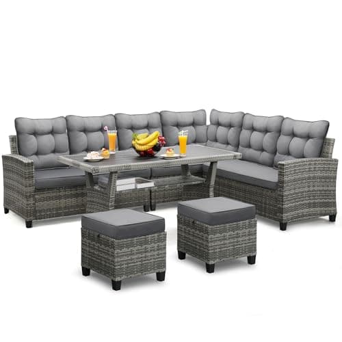 KROFEM 6-Piece Patio Furniture Set, Outdoor Sectional Sofa with Dining Table & Chairs, All-Weather Dining Set with Removable Cushion Covers, Ideal for Garden, Porch, Backyard, Grey