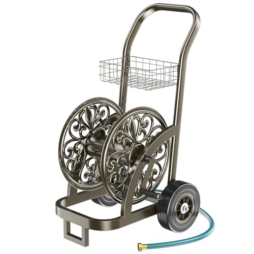GOFORWILD Garden Hose Reel Cart with Wheel, Hold up to 200 Ft of 5/8" Hose, Heavy Duty Steel Frame Water Hose Reel Cart with Storage Basket, Mobile Hose Reel for Outside Garden Lawn Yard