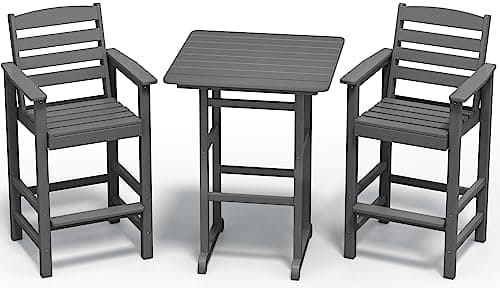 SERWALL Balcony Adirondack Chairs and Table 3 Pieces Set, Adirondack Bar Height Chairs Set of 2 and Bar Table, Outdoor Bar Stools Set, Gray