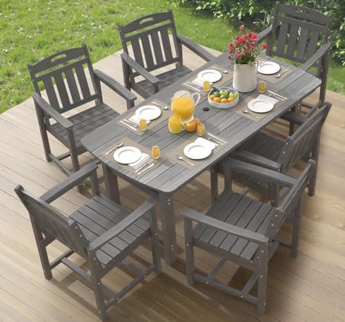 Ciokea HDPE Outdoor Dining Set, 7-Piece Patio Table and Chairs Set with Umbrella Hole, All-Weather Patio Dining Sets for 6, Durable Patio Furniture for Backyard, Garden, Lawn & Poolside, Grey