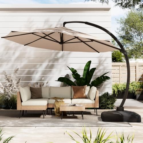 ENSTVER 11FT Cantilever Patio Umbrella With Base Included, Round Large Aluminum Outdoor Cantilever, Heavy Duty Offset Umbrella with 360°Rotation for Pool, Deck, Backyard, Garden(Champagne)