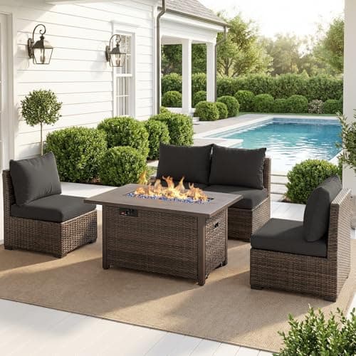 RUIJOROO Patio Furniture Set with Fire Pit Table, Outdoor Sectional Rattan Sofa Set, Patio Set Seating Furniture with Thickened Cushions (Black, 5 Pieces)