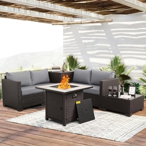 WAROOM Patio Furniture Set 5 Pieces Outdoor Conversation Sets PE Rattan Couch Loveseat Resin Wicker Sectional Sofa with Storage Box Coffee Table and Propane Fire Pit, Grey Cushion