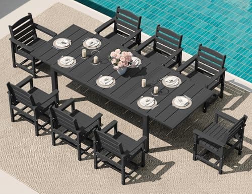 SERWALL 9-Piece Outdoor Dining Set, 60" - 83" Expandable Outdoor Dining Table and 8 HDPE Chairs, All Weather HDPE Outdoor Furniture Set for Backyard, Garden, Black