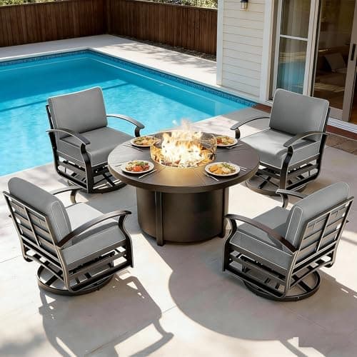 Gotland 5 Piece Patio Set, Aluminum Outdoor Swivel Chairs Set with 48’’ Round Fire Pit 5.1’’ High-Resilience Seat Cushions 29.5" Deep Seating, Metal Patio Furniture Set Patio Conversation Sets, Grey