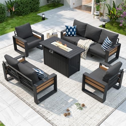 Aoxun Aluminum Patio Furniture Set with Fire Pit Table, 5 Piece Luxury Outdoor Sectional with 6" Olefin Fabric Cushions, Patio Conversation Sets with Waterproof Cover for Backyard, Porch Dark Grey