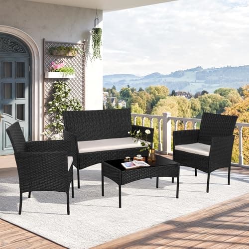 Shintenchi 4 Piece Outdoor Patio Furniture Sets, Small Wicker Patio Conversation Furniture Rattan Chair Set with Tempered Glass Coffee Table for Backyard Porch Garden Poolside Balcony,Black