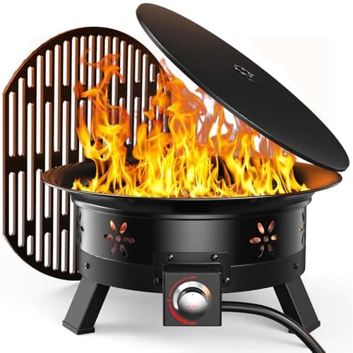 AMADA HOMEFURNISHING 19″ Propane Fire Pit with Grill Grate, 58,000 BTU, Folding Legs, Propane Tank Holder, Cover, and Carry Strap, No Ignition Needed, Easy Flame Adjustment, Portable