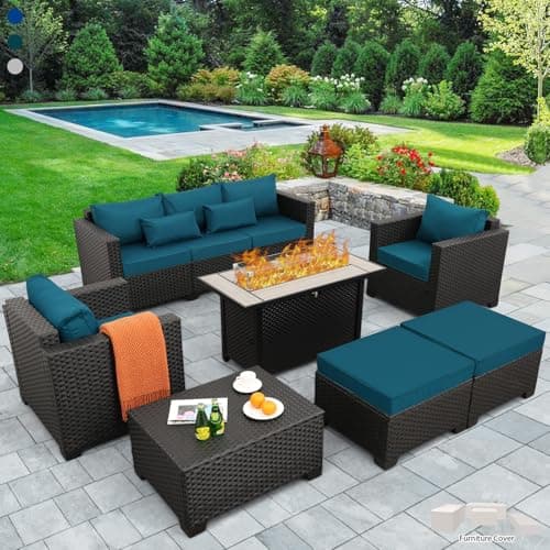 Outdoor Patio Furniture 60000 BTU Outdoor Propane Fire Pit Table Patio Furniture Set 45 In Outdoor Fire Pits 7 Pieces Patio Sofa Outdoor Chairs Anti-slip Cushions Waterproof Covers, Peacock Blue