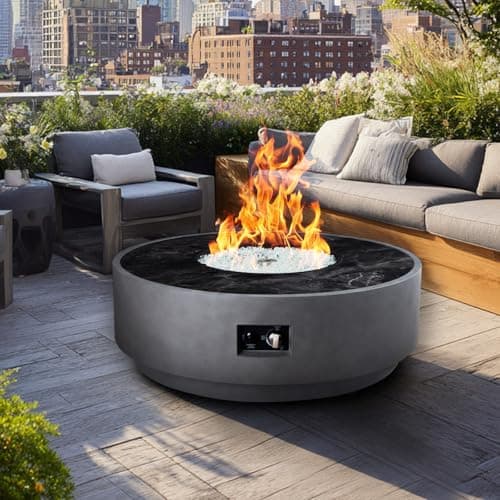 FLOOORE 42 Inch Fire Pit Table, Outdoor Propane Fire Pit Table 2 in 1 65,000 BTU Round Gas Firepit, w/Lid, Glass Rocks, for Garden, Patio, Grey
