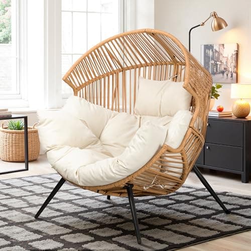 Vongrasig Wicker Egg Chair PE Rattan Chair with Cushion, Oversized Patio Lounge Chair for Outdoor, Indoor, Balcony, Backyard, Garden, Living Room, Beige