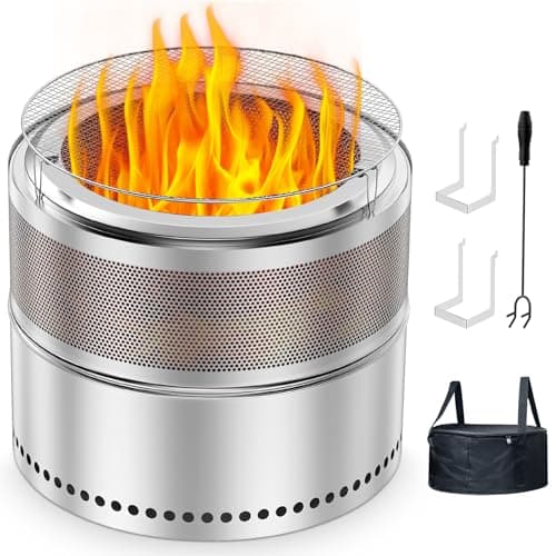 Smokeless Fire Pit for Outside 20 Inch, Portable Stainless Steel Wood Burning Smokeless Firepit with Grill Grate & Ash Pan, 360° Airflow Camping Fire Pits for RV & Patio, Carrying Bag Included