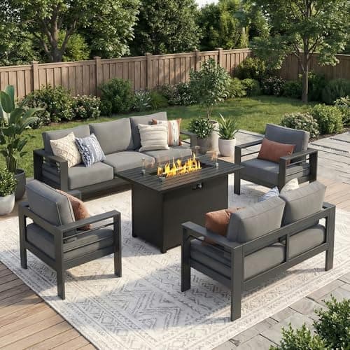 Solaste Aluminum Outdoor Patio Furniture Set with 43" Fire Pit Table, 7 Seats Patio Sectional Sofa with 5" Thick Cushion, Outdoor Patio Set for Porch, Backyard, Deck, Yard, Grey