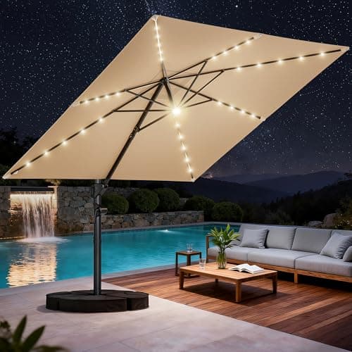 HOMSHADE 10 ft Square Cantilever Patio Umbrella with Base Included, Solar Lights Large Umbrella Outdoor Patio with 360°Rotation&Tilting, LED Lighted Offset Umbrellas w/Stand for Pool Deck, Beige