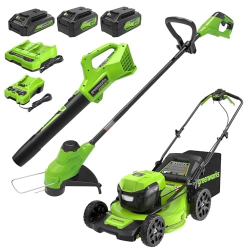 Greenworks 48V (24V x 2) High - Performance Cordless Yard Tool Combo: 21" self propelled lawn mower, 12" Trimmer & Blower, with 3 Batteries & 2 Chargers