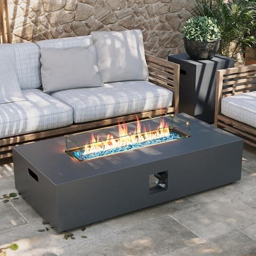UPHA 56-inch Outdoor Propane Gas Fire Pit Table 50000 BTU Iron Rectangle Firepit for Outside Patio with Tank Hidden Table, Wind Guard, Removable Lid, Blue Glass Rocks, Rain Cover, Grey