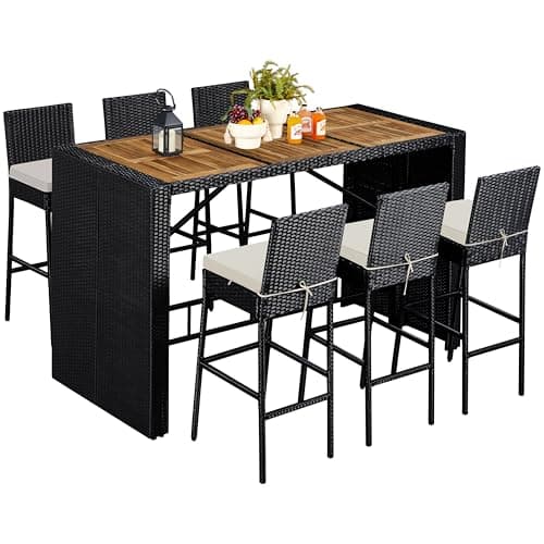 Yaheetech 7 Piece Patio Dining Set Outdoor Acacia Wood Bar Table and Chairs