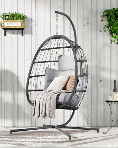 FREDEES Egg Swing Chair with Stand, Outdoor Hanging Egg Chair with Cushion for Patio/Porch/Balcony/Indoor (Light Gray)