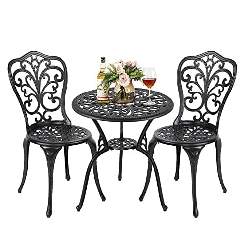 NUU GARDEN 3 Piece Outdoor Bistro Table Set, All Weather Cast Aluminum Patio Bistro Sets Patio Table and Chairs Set of 2 with Umbrella Hole for Yard, Garden, Balcony, Black