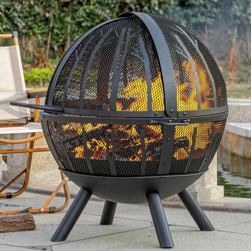Panovue 35 Inch Wood Burning Fire Pit with BBQ Grill, Heavy Duty Fire Pits Ball for Outside with Spark Screen & Removable Ash Pan, Outdoor firepit & Fireplace for Bonfire in Garden, Yard