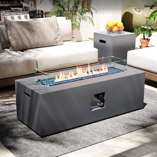 UPHA 42-inch Outdoor Propane Gas Fire Pit Table 50000 BTU Iron Rectangle Firepit for Outside Patio with Tank Hidden Table, Wind Guard, Removable Lid, Blue Glass Rocks, Rain Cover, Grey