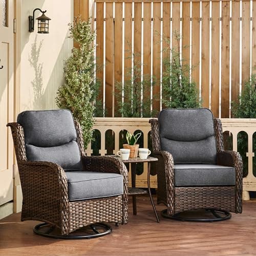 HILLGA Luxury Outdoor Swivel Rocker Patio Chairs of 2 with 6 Inch Thick Cushions and Side Table, Swivel Outdoor Chairs 3PCS High Back Wicker Patio Furniture Set for Porch, Balcony, Deck in Dark Grey