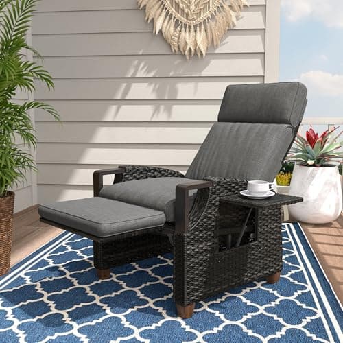 Grand patio Outdoor Recliner with Independent Adjustable Back and Footrest, Air Pump 150° Lay Flat Reclining Chair Removable Olefin Cushion Flip-Up Table Wicker Grey 1PC
